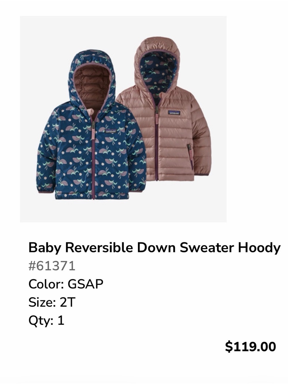Patagonia Reversible Hooded Down Jacket - Navy Print & Mauve